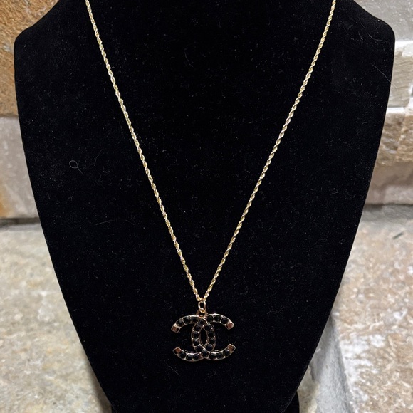Gold Plated Necklace with Black CC logo Pendant - Picture 1 of 6